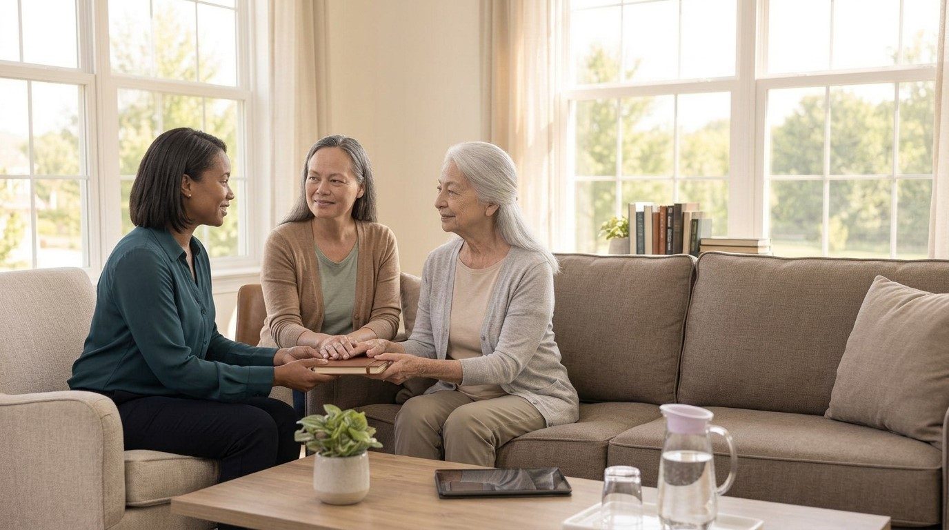 A care coordinator talking with a family in their living room