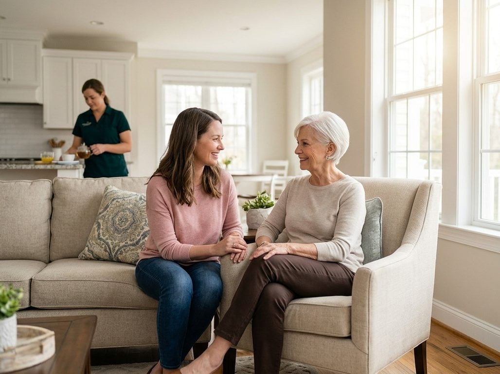A senior woman and her adult daughter talking in a bright living room while a caregiver works in the background