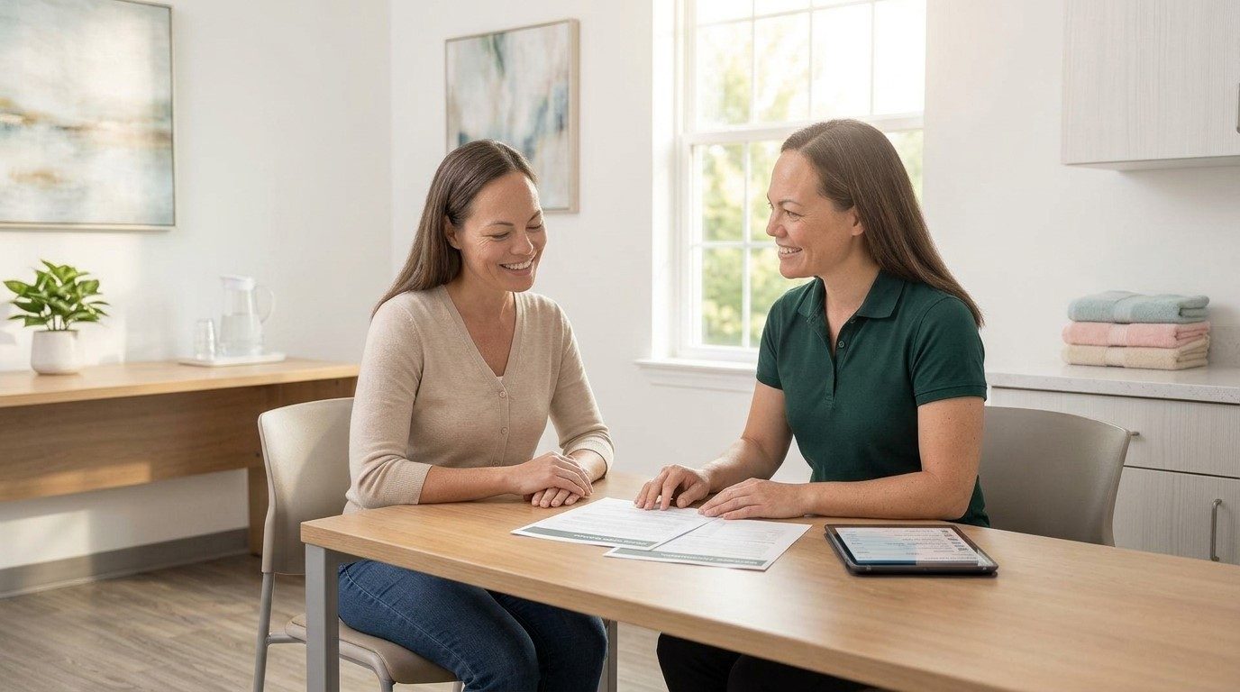 A family reviewing insurance options with a care coordinator at home